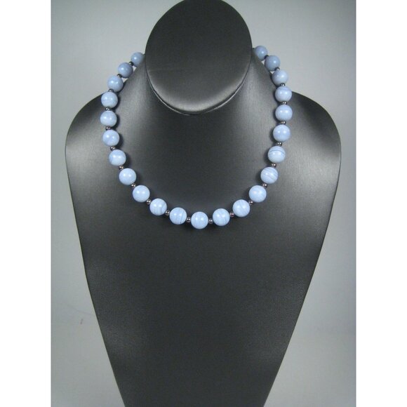 Milor Sterling Silver Blue Lace Agate Stone Beaded Italy Necklace 18 inch Magnet - Picture 5 of 10